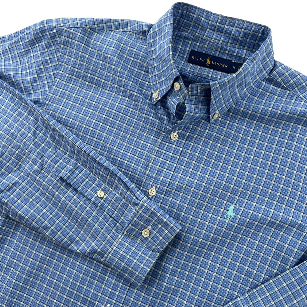 Ralph Lauren Men Medium Blue Plaid Button Down Long Sleeve Cotton Shirt Ivy Prep